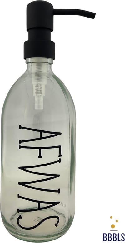 BBBLS® Design Dispenser "Afwas" | Transparant Kunststof | 500ml | RVS / Metaal Pomp Zwart | Zeeppomp | Zeepdispenser | Zeephouder