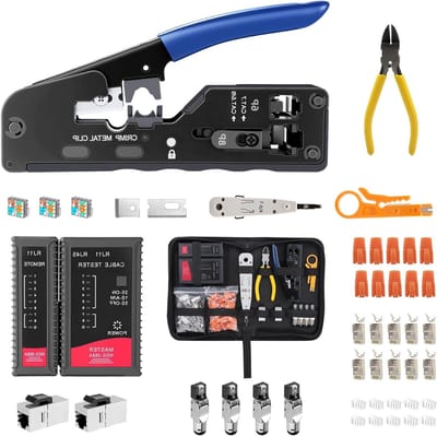 Complete RJ45 Krimptangset voor Cat7 met Striptang, 20 Pass-Through LAN-stekkers en Kabeltester, Inclusief Opbergtas voor Netwerkgereedschap