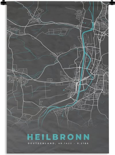 Wandkleed - Wanddoek - Plattegrond – Heilbronn – Blauw – Stadskaart – Kaart - Duitsland - 120x180 cm - Wandtapijt