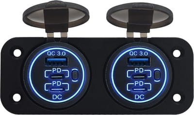ProRide 12V USB/USB-C Stopcontact 6-Poorten met schakelaar - Tweevoudig Inbouw - QC3.0 - USB Autolader, Boot en Camper - Blauw