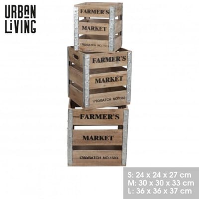 "LOFT & WOOD" Versierde houten vierkante kisten met metalen hoeken x3