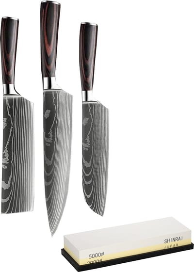 Shinrai Knives - 3-delige Messenset met Slijpsteen - Japans Design - Koksmes, Santoku mes en Nakiri mes - Keukenmessen