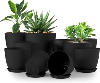 Famanu - Set van 10 moderne kunststof bloempotten zwart voor planten en cactussen