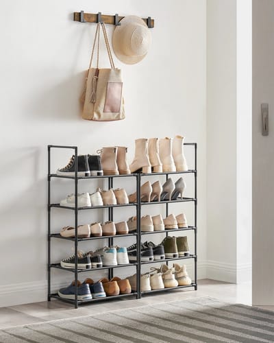 Stervia Schoenenrek - Schoenenplank - Schoenenopberger - Verticaal - Modulair Ontwerp - 10 Laags - Verwijderbare Stoffen Planken - Zwart - 45 x 28 x 173 cm
