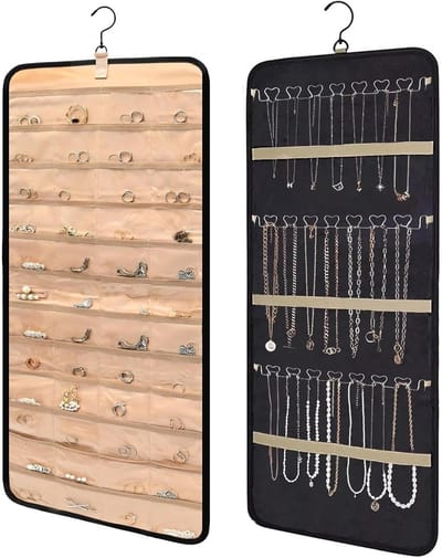 Famanu - Sieradenopslag, dubbelzijdig met metalen haken, metalen haken, dubbelzijdige sieradenhouder, hangende opvouwbare sieradentas, haak sieradenrol, voor oorbellen, halsketting, ring, armband