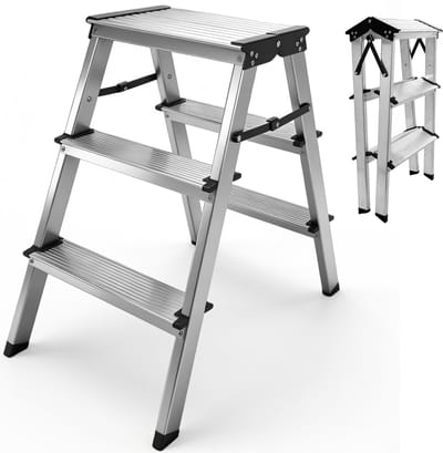 Aluminium Trapladder 3 Treden Dubbelzijdig Opvouwbaar – Huishoudtrap Breed 36,5 cm – Lichtgewicht Keukentrap