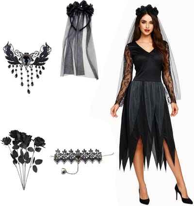 Dames kostuum voor een zombie bruiloft met accessoires en make-up voor een griezelige look