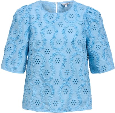 Object T-shirt Objlaily 2/4 Re Top E Ss Fair 26 23049908 Little Boy Blue/tape & Emb Dames Maat - 36