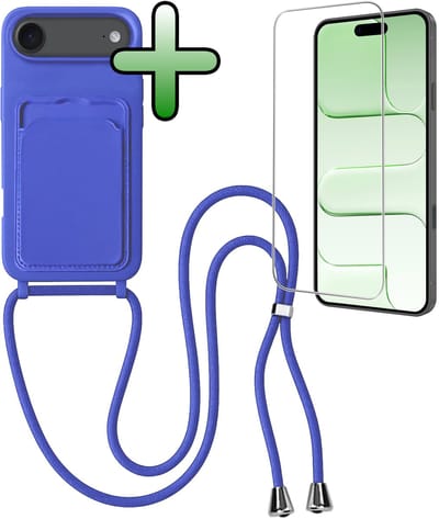 Hoes Geschikt voor iPhone Air Hoesje Pas Houder Case Hoes Met Koord Met Screenprotector - Hoesje Geschikt voor iPhone Air Hoes Met Telefoonkoord Pasjeshouder Cover - Felblauw