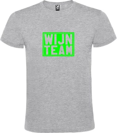 Grijs T shirt met print van " Wijn Team " print Neon Groen size XL