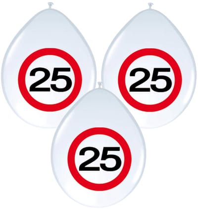 Folat Verkeersbord Ballonnen - leeftijd 25 jaar - 8x stuks - 30 cm - verjaardag feestartikelen