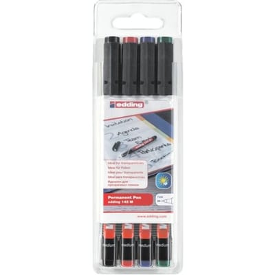 edding 142 M permanent pen - 4 pennen verschillende kleuren - ronde punt 1 mm - pen voor schrijven op glas, plastic, folies en gladde oppervlakken - permanent, sneldrogend, veegvast en watervast