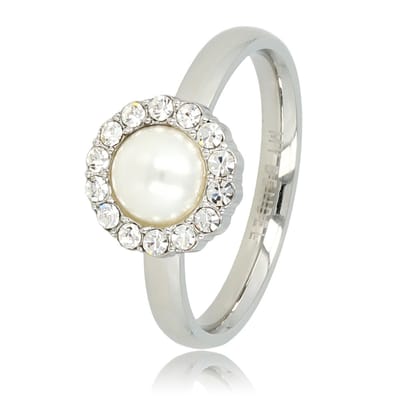 My Bendel - Ring Zilverkleurig met Witte Parel en Zirkonia Stenen - Zilverkleurige Ring - Witte Parel - Zirkonia Steentjes - met Luxe Cadeauverpakking | Sieraden Voor Dames | Maat 17.00 Mm / Maat 53