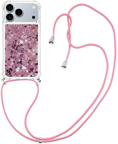 Coverup Hoesje - Geschikt voor iPhone 18 Pro / 17 Pro Hoesje - Coverup Liquid Glitter Back Cover met Koord - Rose Gold