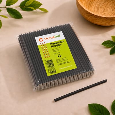 Pomebio papier rietjes - drinkrietjes - 6x135mm - zwart - 200 stuks - cocktail rietjes