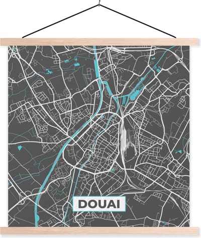 Posterhanger incl. Poster 40x40 cm - Schoolplaat - Douai - Frankrijk - Kaart - Plattegrond - Stadskaart - Textielposter - Blanke latten - Stadskaart