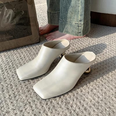 Mules à talons carrés et bout carré pour femme, chaussures rétro en cuir véritable, bout fermé, dos nu, talons hauts en verre de vin 37 gray