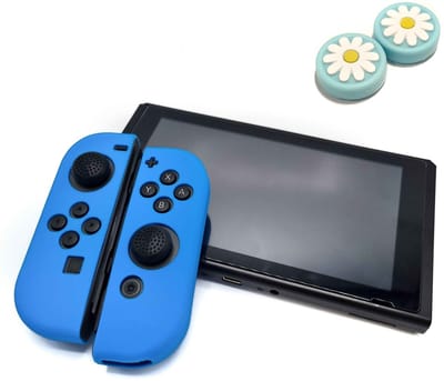 Gadgetpoint - Hoesjes & Skins + Thumb Grips voor Nintendo Switch 1 - Performance Gaming Case - Soft Grip Covers - Anti-Slip Joy-Con Controller Accessoires - Lichtblauw + Bloem Blauw