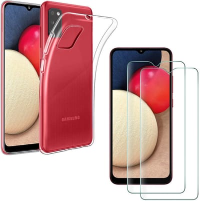 Hoesje Ultraslank geschikt voor Galaxy a02s backcover siliconen Transparant en 2 stuks ScreenProtector Gehard Glas