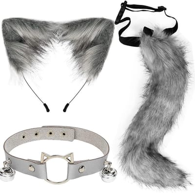 Fluffy Staart en Leren Ketting met Fluffy Kattenoren, Perfect voor Halloween en Cosplay Accessoires