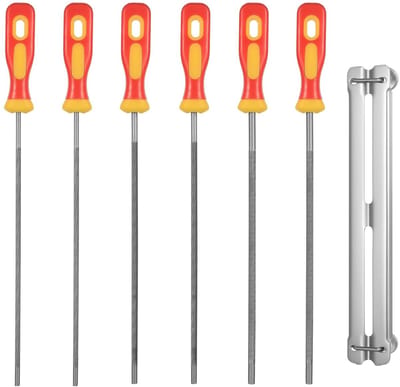 Set van 7 Ronde Vijlensets voor Kettingzaag, Inclusief Handvat, Geschikt voor Schuren en Onderhoud van Zaagkettingen, Diverse Maten 4 mm, 4.8 mm en 5.5 mm