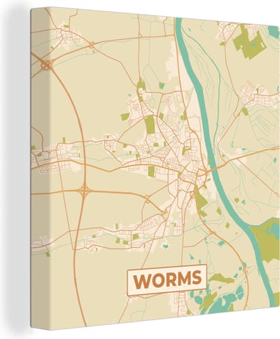 Canvas Schilderij Kaart - Worms - Vintage - Plattegrond - Stadskaart - 20x20 cm - Wanddecoratie