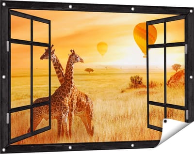 Gards Tuinposter Doorkijk Twee Giraffen met Twee Oranje Luchtballonnen - 120x80 cm - Tuindoek - Tuindecoratie - Wanddecoratie buiten - Tuinschilderij
