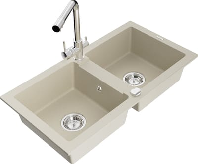 Mexen Mario granieten spoelbak 2-kamer met keukenkraan Duero, beige - 6504-69-671600-00