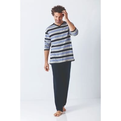 Premium katoen heren pyjama blauw/marine Hajo - Blauw - Maat - 50