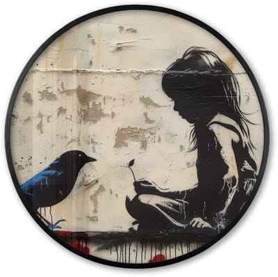 Poster in lijst Rond - Fotolijst 60x60 cm - Posters - Meisje - Street art - Vogel - Abstract - Graffiti - Modern - Ronde posterlijst zwart - Decoratie - Wanddecoratie woonkamer - Muurdecoratie slaapkamer