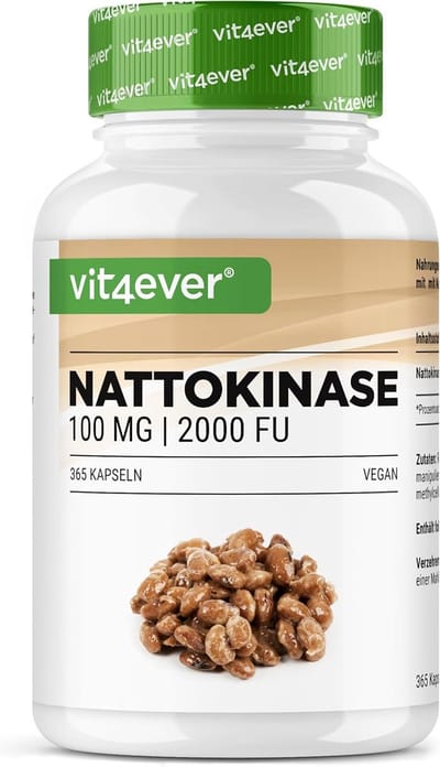 Vit4ever - Nattokinase - 365 capsules met elk 100 mg (20.000 FU/g) - 12 maanden voorraad - hoge dosis - veganistisch - zonder genetische manipulatie - zonder ongewenste toevoegingen