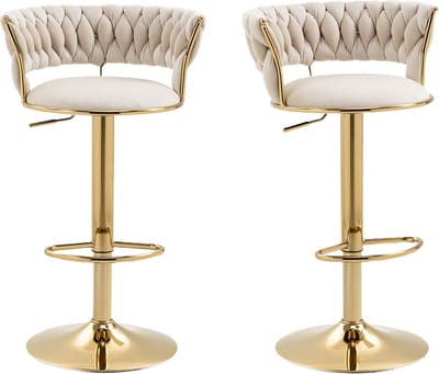 Merax Luxe Barkrukken Set van 2 - Barkruk - Barstoel met Voetensteun en Rugleuning - Beige met Goud