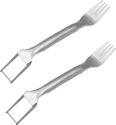 Dailygoods- Watermeloen Vork 2-in-1 - 2 Stuks - Roestvrij Staal - Draagbaar - Fruit Vorken - Voor Thuis/Camping - 25,6 x 3,2 cm - Fruit Snijder
