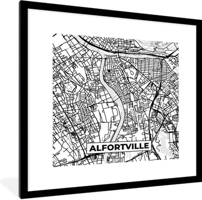 Fotolijst incl. Poster Zwart Wit- Stadskaart - Plattegrond - Kaart - Alfortville - Frankrijk - Zwart wit - 40x40 cm - Posterlijst