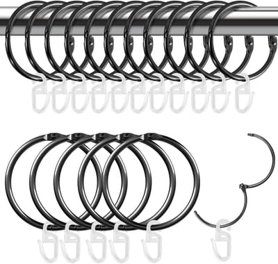 Dailygoods- Gordijnringen 50mm - 15 Stuks Metaal - 30 Stuks Kunststof Haken - Zwart/Zilver - Braamvrij - Voor Roede Gordijnen - Gordijnaccessoires