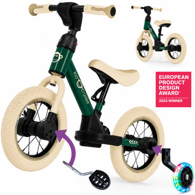 Kidcruiser Loopfiets 2+ jaar - Optioneel met LED Zijwieltjes & Trappers - 3-in-1 Kinderfiets - 12 inch – Donker Groen & Creme wit – Modulair Design - Driewieler loopfiets 3 jaar