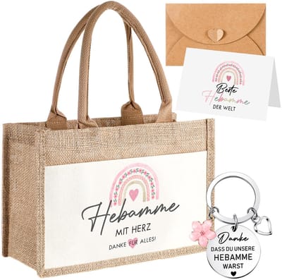 Dailygoods- Verloskundigen Bedankje - Set van 4 - Sleutelhanger met Regenbooggravure - Jute Tas - Bedankkaart - Oprechte Waardering