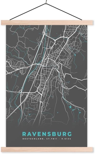 Posterhanger incl. Poster 40x60 cm - Schoolplaat - Plattegrond – Ravensburg – Blauw – Stadskaart – Kaart - Duitsland - Textielposter - Blanke latten - Stadskaart