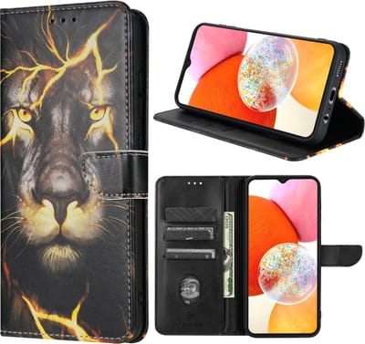 Multimedia & Accessoires Lederen Book Case Hoesje geschikt voor Samsung Galaxy A25 5G – Leeuwprint – Zwart -Telefoonhoesje – Met Stand – Kaarthouder – Pasjes Houder – Magneet Sluiting – Bookcase