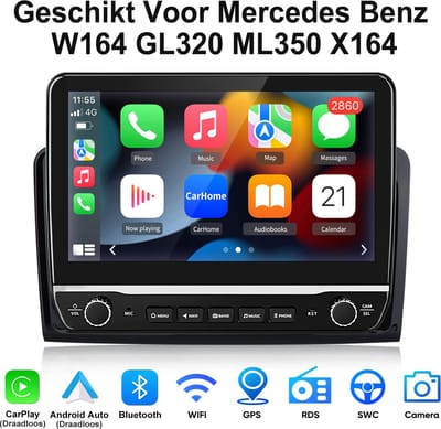 Junsun Android 15 Autoradio Geschikt Voor Mercedes Benz W164 GL320 ML350 X164 Accessoires, 2GB+32GB, Draadloze CarPlay, DAB+, GPS-Navigatie, Bluetooth, 10.1-inch Touchscreen, DSP, Quad-core processor