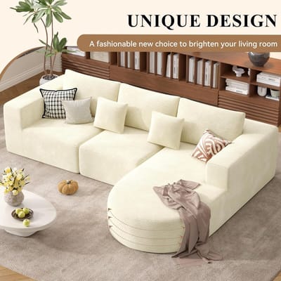 Hoekbank met Slaapfunctie L-vorm 264 x 177 x 59 cm – Installatievrije 3-zits Slaapbank met Chaise Longue Rechts – Corduroy Fluweel – Comfortabele Frameloze Bank – Beige – Laura