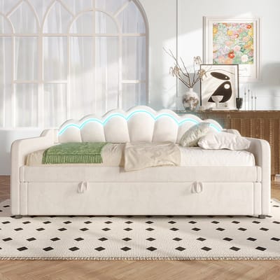 BLACKCOLORS Dagbed, slaapbank, hydraulisch bed, met opbergruimte, eenpersoonsbed (zonder matras), fluweel, LED-strip met wisselende kleuren, 90x200cm, beige