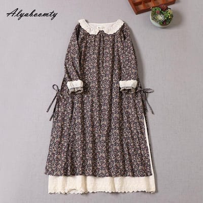 Japanse Mori Girl Lente Herfst Vrouwen Katoen Linnen Jurk Peter Pan Kraag Bloemenprint Retro Jurk Borduurwerk Uitgehold Elegante Vintage Jurk One Size gray