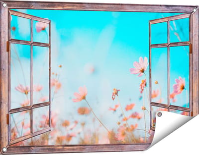 Gards Tuinposter Doorkijk Paarse Kosmos Bloemen - 90x60 cm - Tuindoek - Tuindecoratie - Wanddecoratie buiten - Tuinschilderij