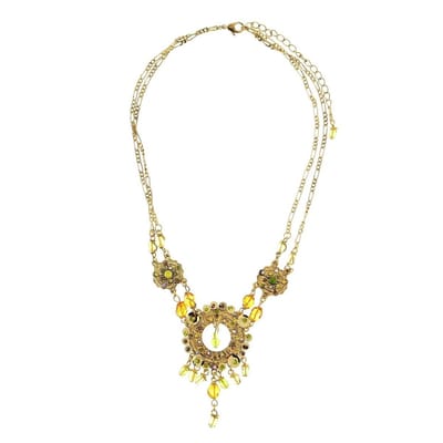 Behave - Ketting - Dames - Antiek Goudkleur - Ronde Fantasie Hanger - Boho Ibiza Stijl - Gele Kraaltjes - 40 cm