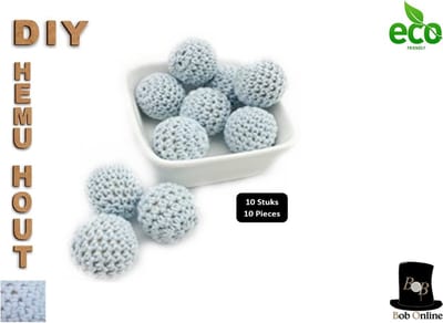 Bob Online ™ – 10 Stuks - 20mm Licht Blauw Ronde Gehaakte DIY Houten Kralen met ca. 4mm Gaatje –  Houten Gehaakte Kralen - Rijgkralen – Kralen Rijgen - Hobby Houten Kralen – DIY Gehaakte Hemu Hout Kralen – 20mm Light Blue Hemu Wood Crochet Beads