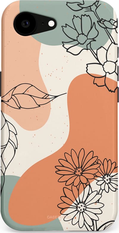 Casetastic hoesje geschikt voor Apple iPhone 16e / Apple iPhone 17e - MagSafe - Dubbellaagse bescherming - Lijnenspel Botanisch - Fashion Case - Crème Saliegroen Perzik