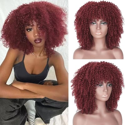 Kinky Curly Bob Pruik voor Dames - Donkerrode Afropruik met Pony, Natuurlijk Kunsthaar, 35 cm