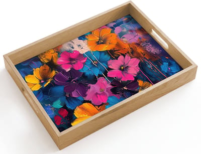 Dienblad hout 40x30 cm - Schootdienblad - Bloemen - Kleurrijk - Abstract - Modern - Borrelplank rechthoek - Plateau dienbladen