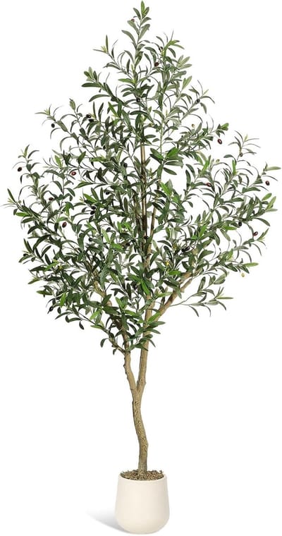 Groene planten - Kunstplanten - Kunstmatige olijfboom van 2,1 meter hoog - Kunstmatige olijfboom met pot - Kunstplant met een stam van natuurlijk hout en levensechte vruchten - 210 × 45 × 45 cm